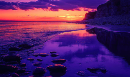 Deep purple and orange sunset, calm ocean reflecting the vibrant skyの素材