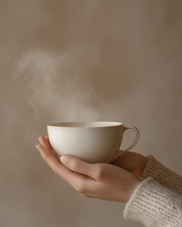 Detailed shot of hands holding a hot drink, soft steam risingの素材