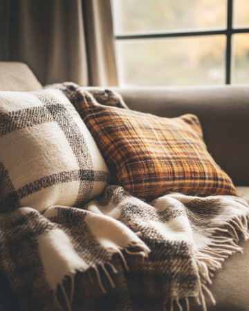 Cozy plaid blanket, autumn tones of brown and redの素材