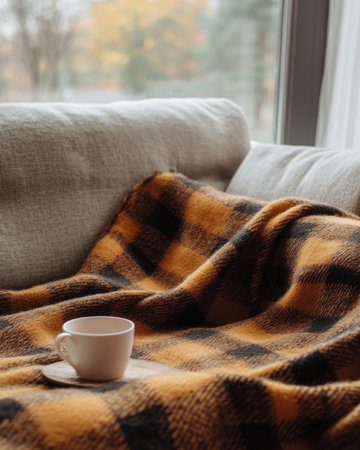 Cozy plaid blanket, autumn tones of brown and redの素材