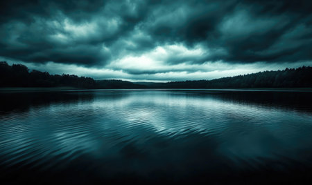Dark and brooding clouds gathering over a quiet lakeの素材