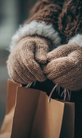 Detailed shot of gloved hands holding a shopping bagの素材