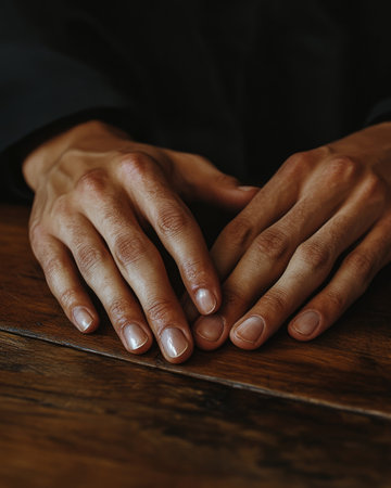 Closeup portrait of male hands on a tableの素材