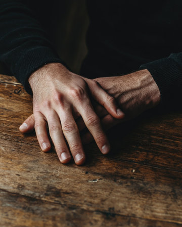Closeup portrait of male hands on a tableの素材