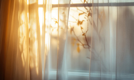Delicate curtains, billowing softly, warm light filtering in shadows gently stretching across the fabricの素材