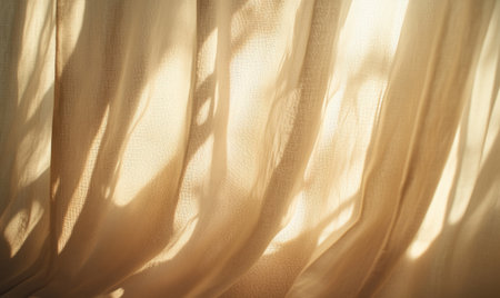 Delicate curtains, billowing softly, warm light filtering in shadows gently stretching across the fabricの素材