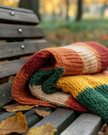 Knitted blanket, rich autumnal colors, folded on a benchの素材