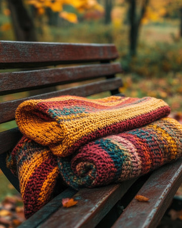 Knitted blanket, rich autumnal colors, folded on a benchの素材
