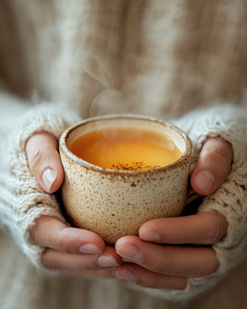 A person is holding a mug of coffee with a leaf design on itの素材