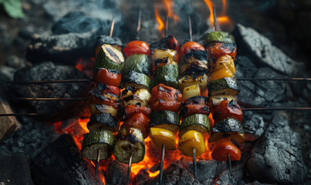 Mixed vegetable skewers rotating over glowing embersの素材