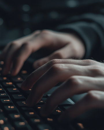 A person is typing on a keyboard with their hands. Concept of focus and concentration as the person types.の素材
