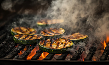 Grilled zucchini and eggplant slices roasting over red-hot coalsの素材
