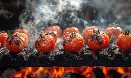 Juicy tomatoes and mushrooms roasting over hot coalsの素材