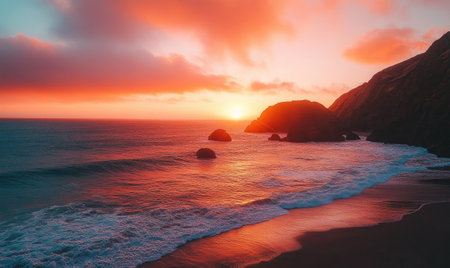 Fiery red sunset over a rocky coastline, glowing clouds filling the skyの素材