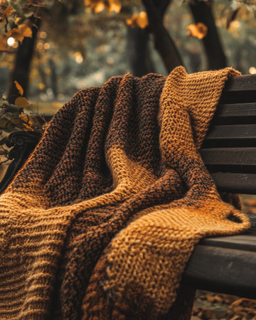 Knitted autumn blanket, rich earthy tones, draped on a benchの素材