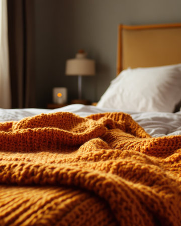 Knitted blanket in fall colors, soft and cozy, resting on the edge of a bedの素材