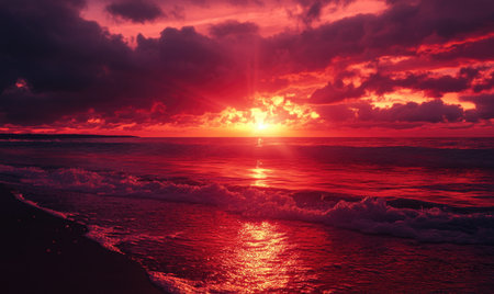Fiery red sunset casting a warm glow over the beachの素材