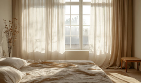 Minimalist bedroom with panoramic window, neutral-colored curtainsの素材