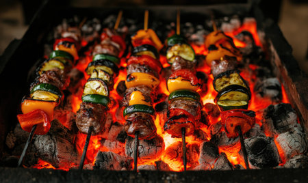 Lamb meat sizzling over hot coals, smoke swirling around the meatの素材