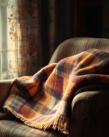 Cozy plaid blanket, autumn tones of brown and redの素材