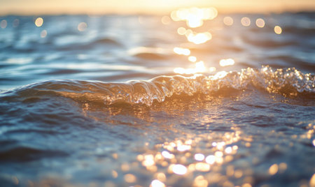 Close-up of small waves in a lake, sunlight sparkling on the waterの素材
