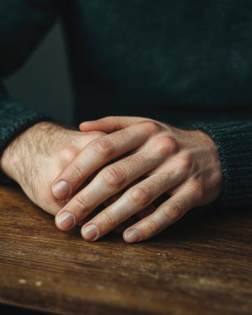 Closeup portrait of male hands on a tableの素材
