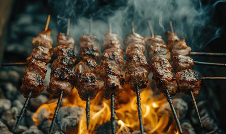 Juicy meat turning on a skewer above glowing hot coalsの素材