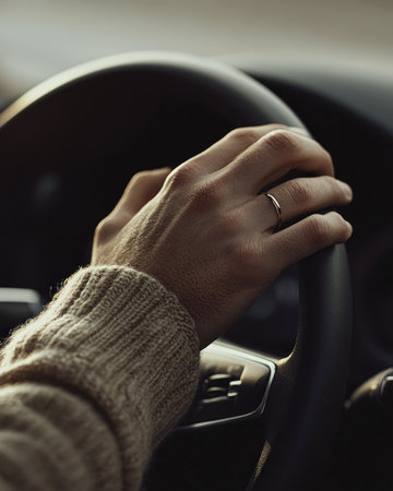 Gentle close-up of male hands on steering wheelの素材