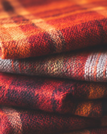 Soft, plaid autumn blanket, warm colors of red and orangeの素材