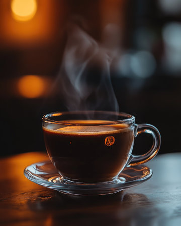 Steaming coffee in a glass cup, rich brown huesの素材
