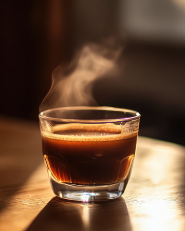 Steaming coffee in a glass cup, rich brown huesの素材