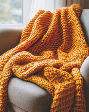 Thick knitted blanket, deep orange and yellow huesの素材