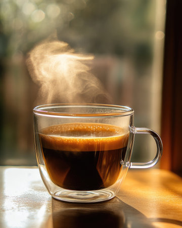 Transparent glass cup with freshly brewed coffeeの素材