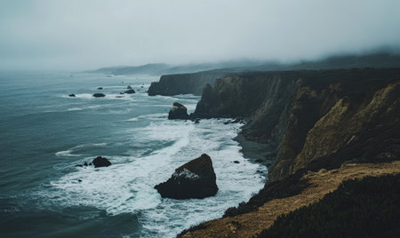 Overcast sky stretching endlessly above a rocky coastlineの素材