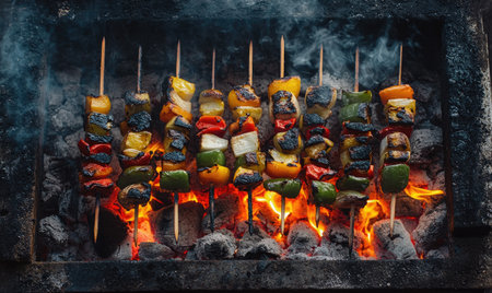 Skewers of colorful peppers and onions grilling over hot coalsの素材