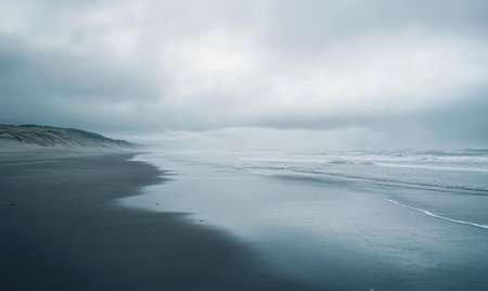 Overcast sky stretching endlessly above a deserted beachの素材