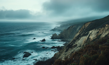 Overcast sky stretching endlessly above a rocky coastlineの素材