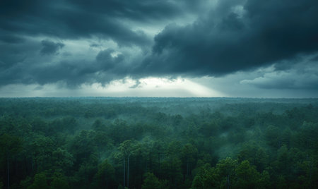 Thick, gray clouds swirling above a dense forestの素材