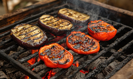 Thick slices of eggplant and peppers grilling over the hot coalsの素材