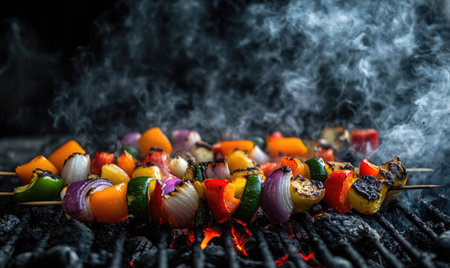 Skewers of mixed meat and vegetables on a grillの素材