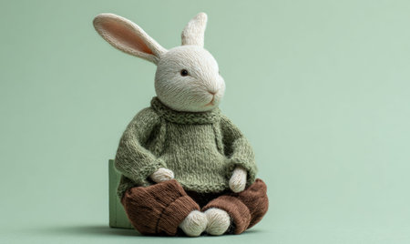 A stuffed rabbit is sitting on a green sweater. The rabbit is wearing a green sweater and brown pantsの素材