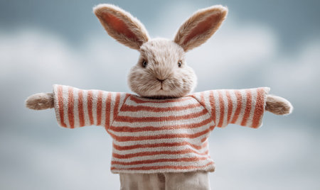 A stuffed rabbit wearing a striped shirt. It is holding its arms out to the side. The rabbit is standing on a surfaceの素材