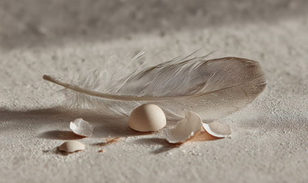 A feather is laying on the sand next to a small egg. The egg is cracked and brokenの素材