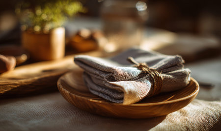 A wooden plate with a napkin on it. The napkin is tied with a string. There is a potted plant in the backgroundの素材