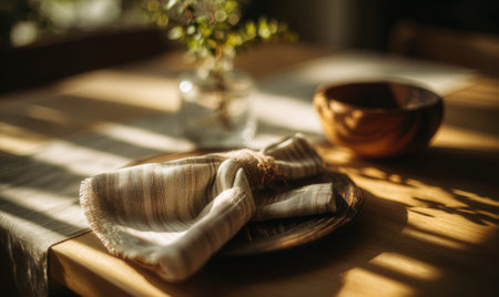 A wooden bowl with a white napkin on top of it. The napkin is folded and placed on a plateの素材