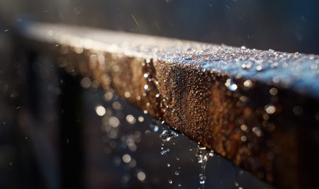 A metal railing is covered in raindrops. The drops are small and scattered. The railing is wet and shinyの素材
