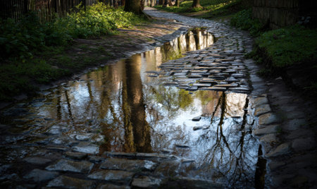 A path with a stream of water running down it. The water is reflecting the trees in the backgroundの素材