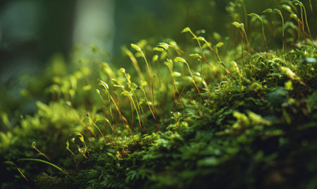 A green plant with many leaves and stems. The plant is growing on a rockの素材