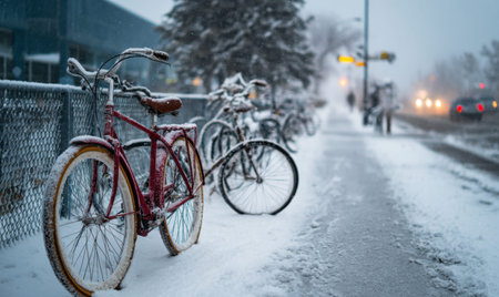 A red bicycle is parked on the sidewalk in the snow. There are several other bicycles in the backgroundの素材