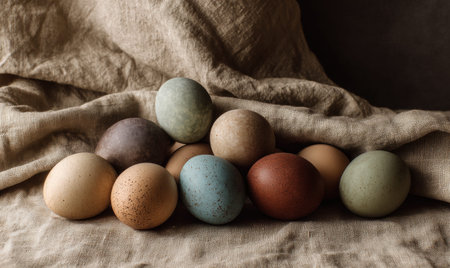 A bunch of eggs are sitting on a cloth. There are at least 12 eggs in the bunchの素材